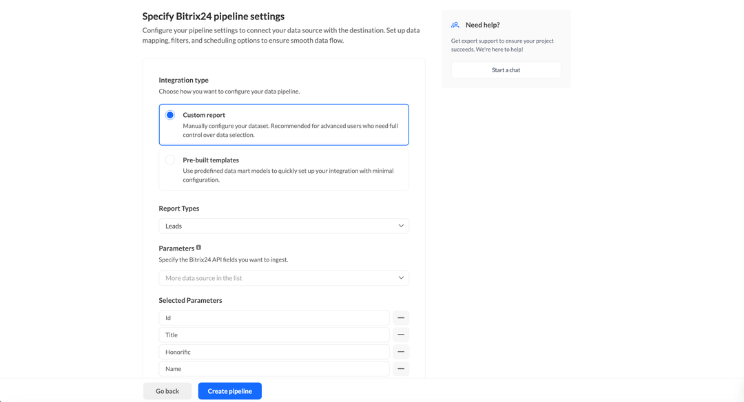 Окно настройки пайплайна Bitrix24 в Renta