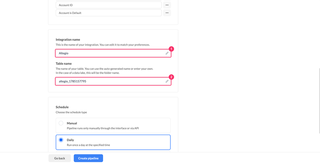 Altegio integration name and table name fields with the selected parameters list above