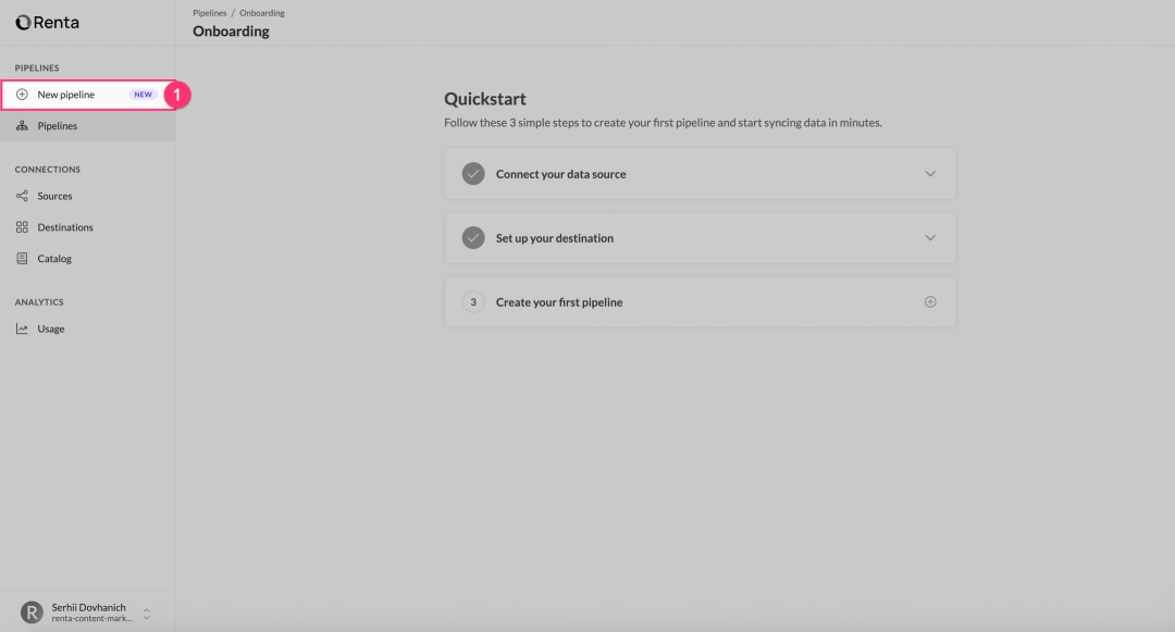 Initializing new pipeline creation in Renta