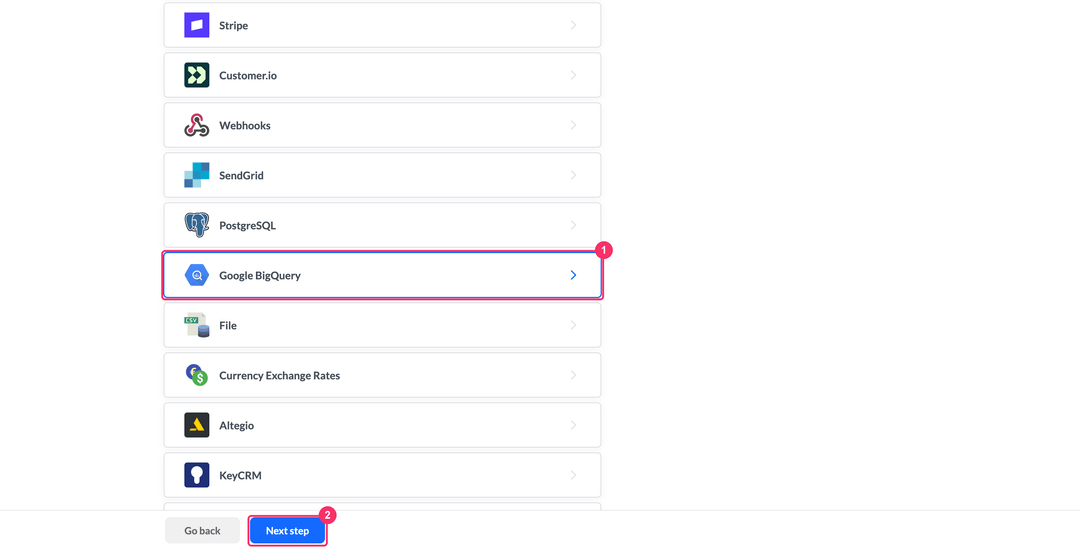 Select a source step with Google BigQuery under Already connected