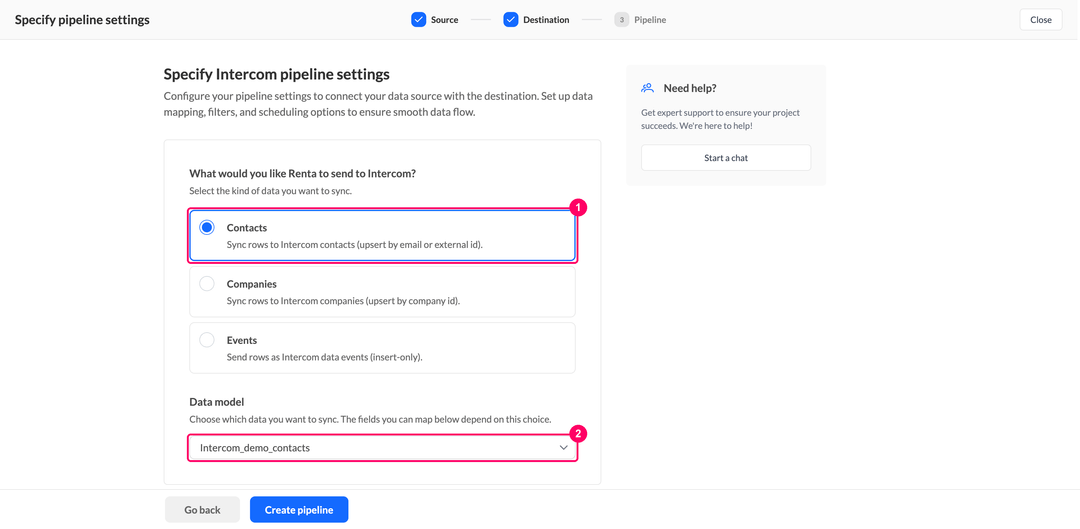 Настройки пайплайна Intercom с выбранным объектом Contacts и списком моделей данных