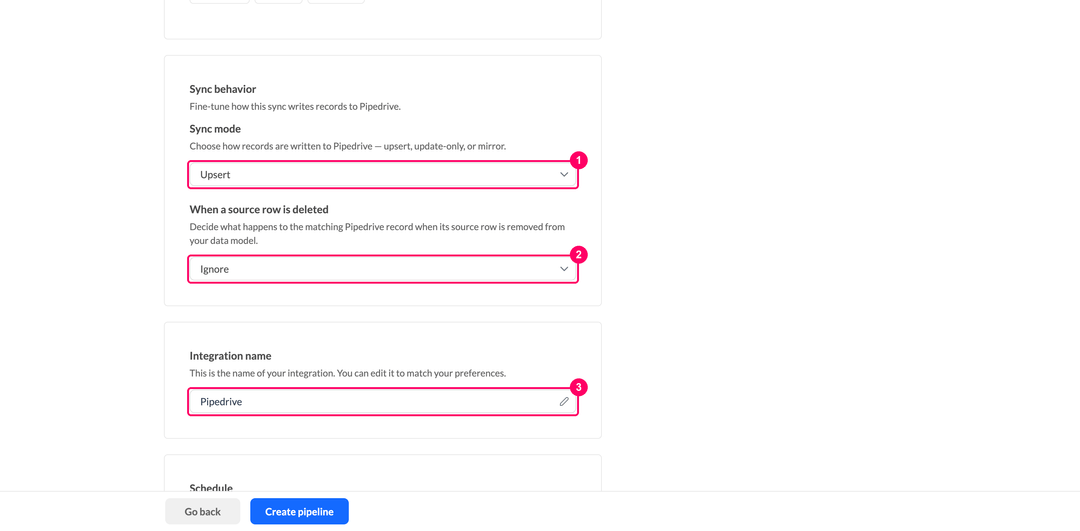 Списки Sync mode и When a source row is deleted вместе с полем имени интеграции