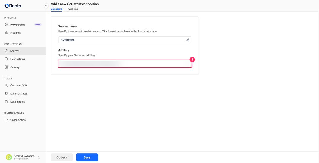 Add a new Getintent connection page with the API key field
