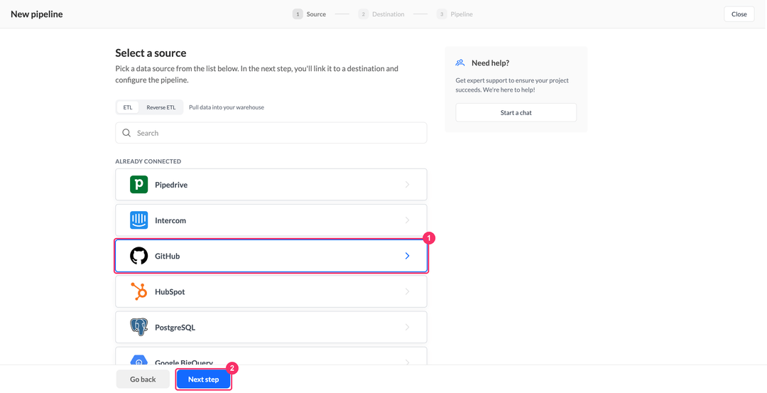 Шаг выбора источника с GitHub в блоке Already connected