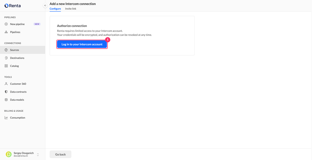 Add a new Intercom connection page with the Log in to your Intercom account button