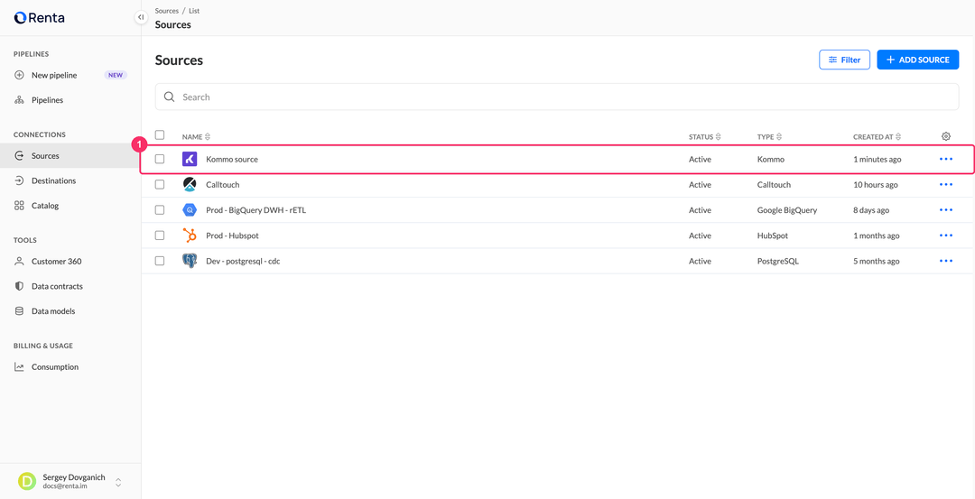 Sources list with the new Kommo source in the Active status