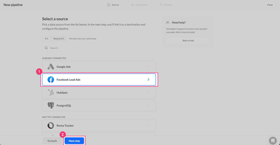 Select a source step with Facebook Lead Ads under Already connected