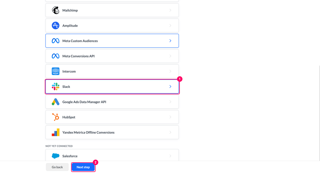 Select a destination step with Slack listed under Already connected