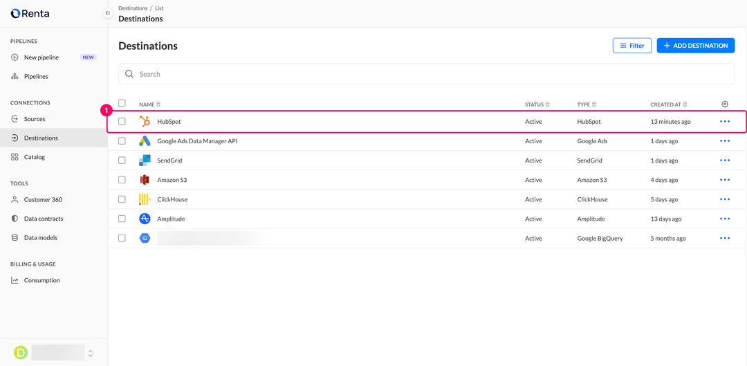 Destinations list with the new HubSpot destination in Active status