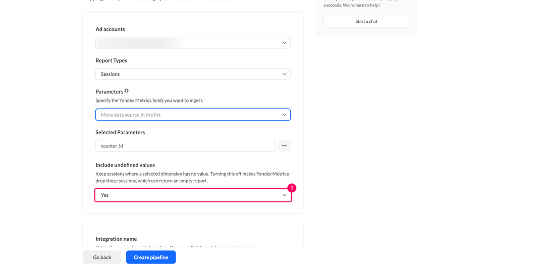 Include undefined values dropdown with the Yes option selected