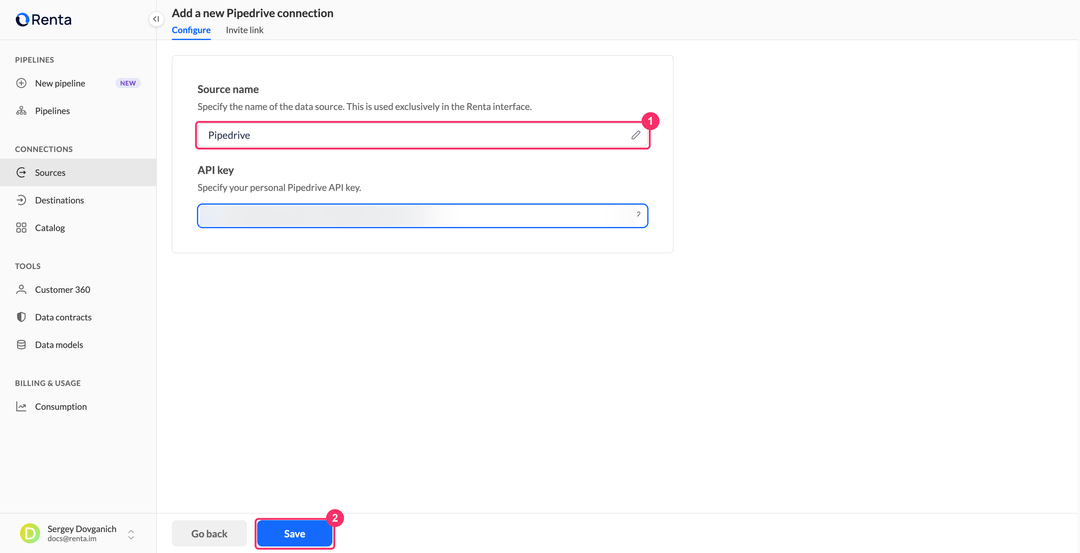 Pipedrive connection setup with the source name field and the Save button