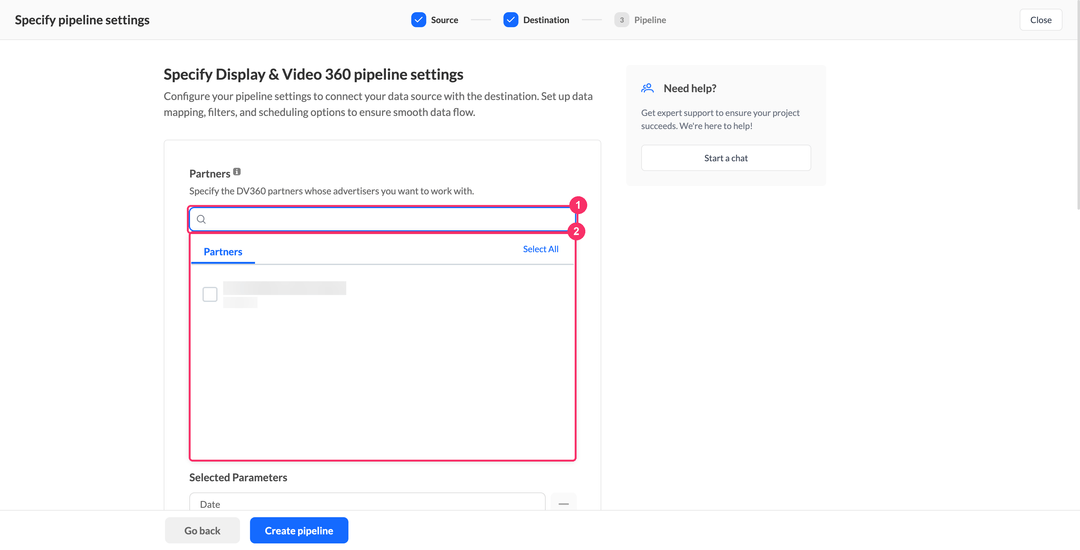 Partners picker of a Display & Video 360 pipeline with the available partner accounts
