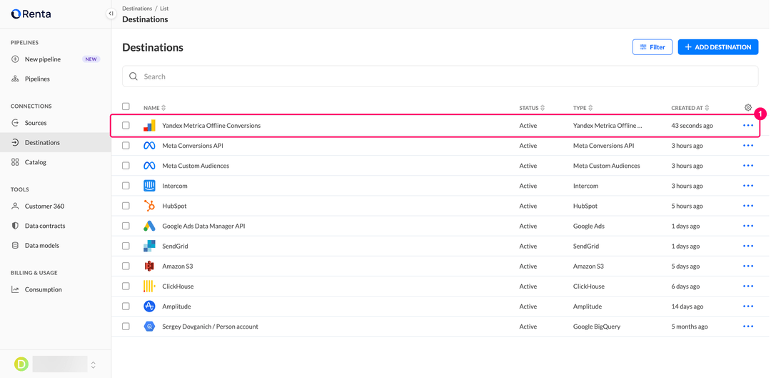 Destinations list with the new Yandex Metrica Offline Conversions destination in Active status