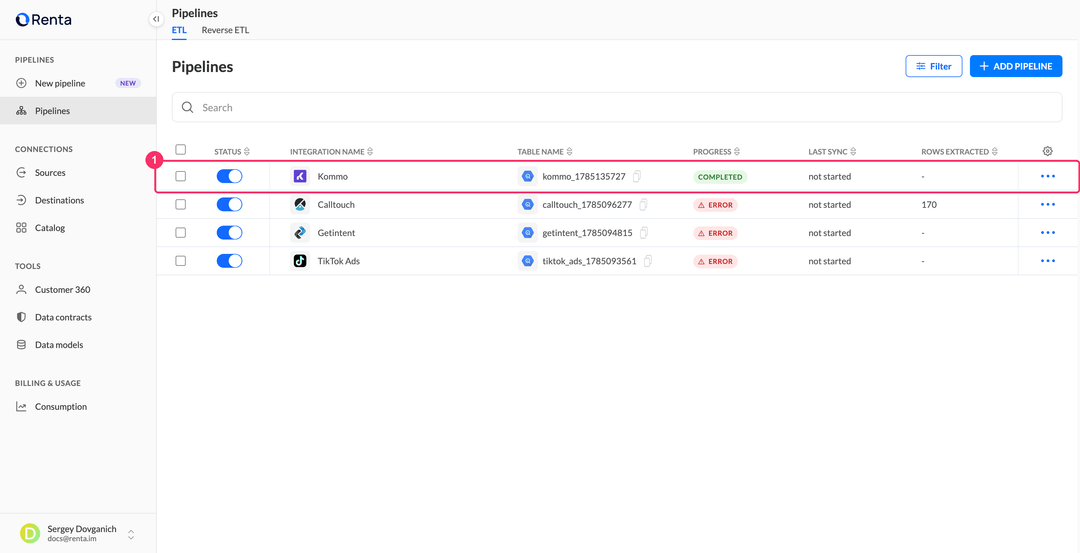 Pipelines list with the new Kommo integration in the Completed status