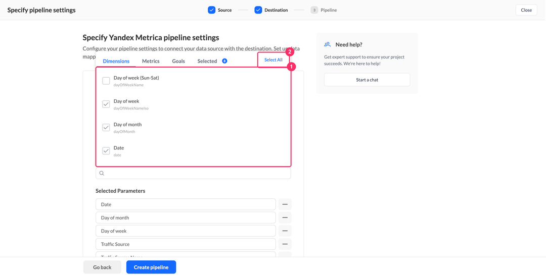 Выбор параметров Yandex Metrica: вкладка Dimensions и кнопка Select All