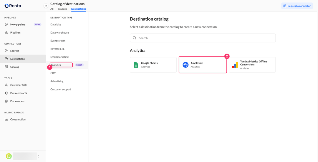 Amplitude card in the Analytics category of the Renta destination catalog