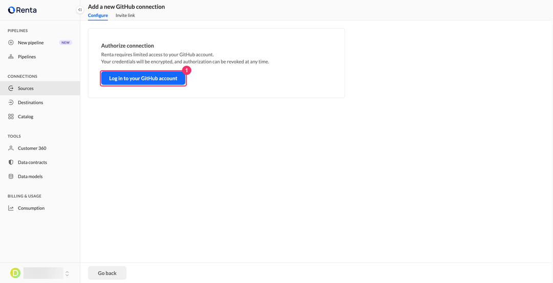 Страница добавления подключения GitHub с кнопкой Log in to your GitHub account