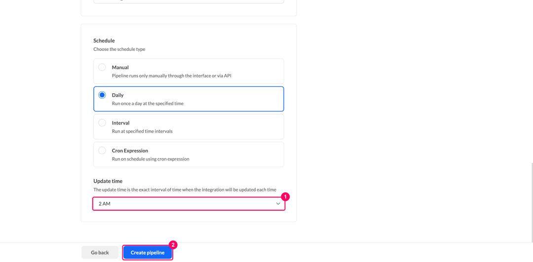 Поле Update time и кнопка Create pipeline