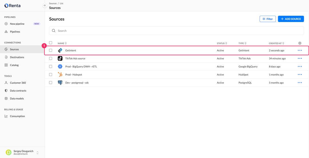 Sources list with the new Getintent source in the Active status