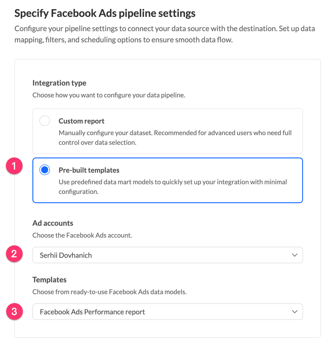 Настройка шаблона Facebook Ads Performance report