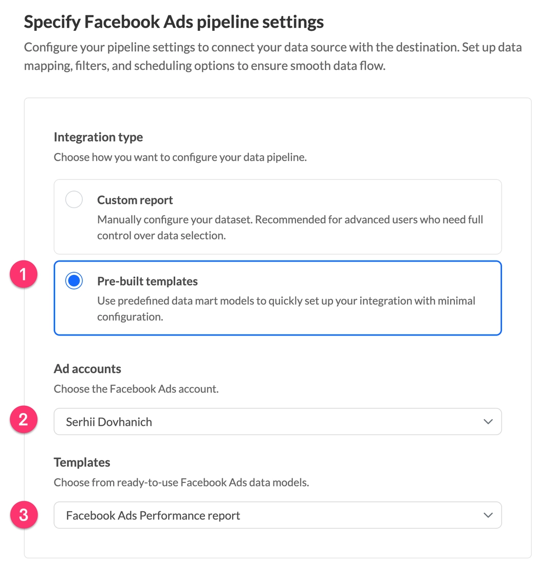 Facebook Ads Performance report template configuration