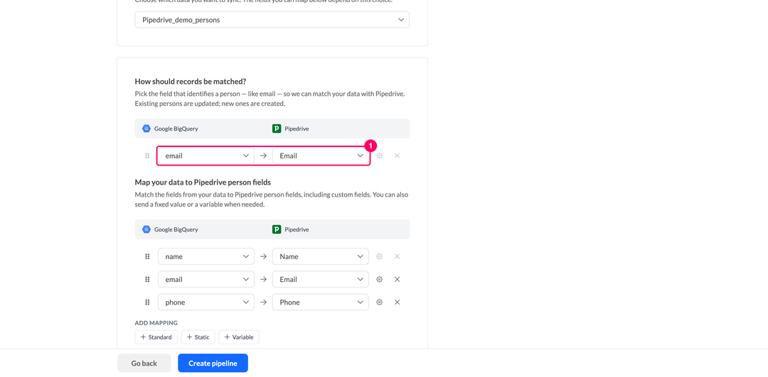 Блок сопоставления записе й с колонкой источника слева и полем Pipedrive справа