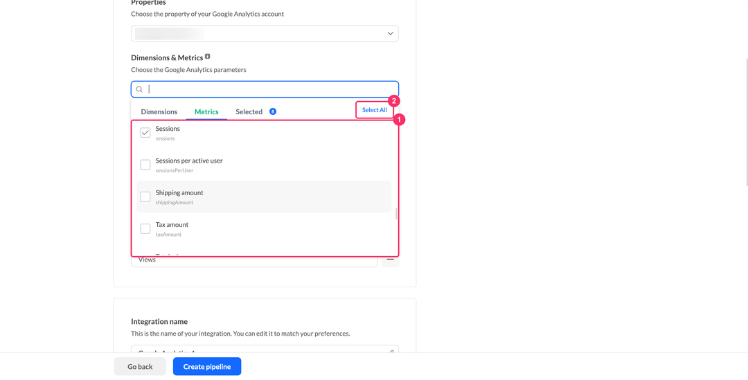 Выбор метрик Google Analytics 4 с кнопкой Select All