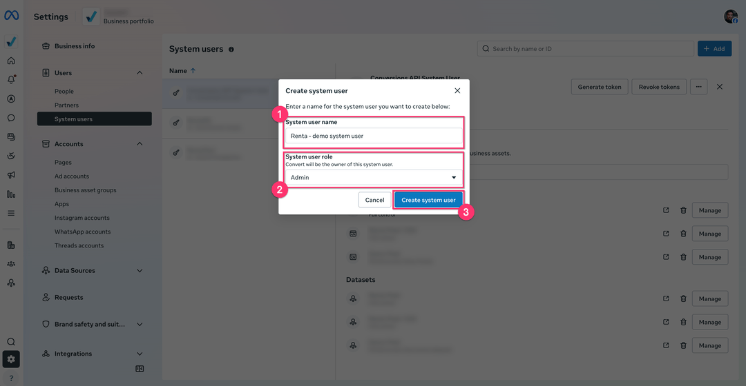 Create system user dialog with name and role