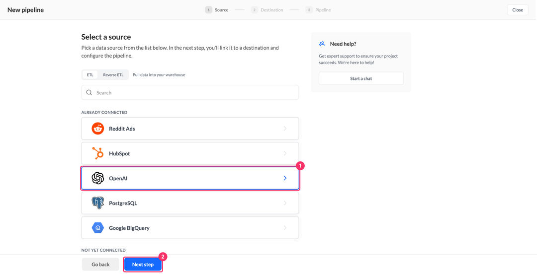 Шаг выбора источника с OpenAI в списке Already connected