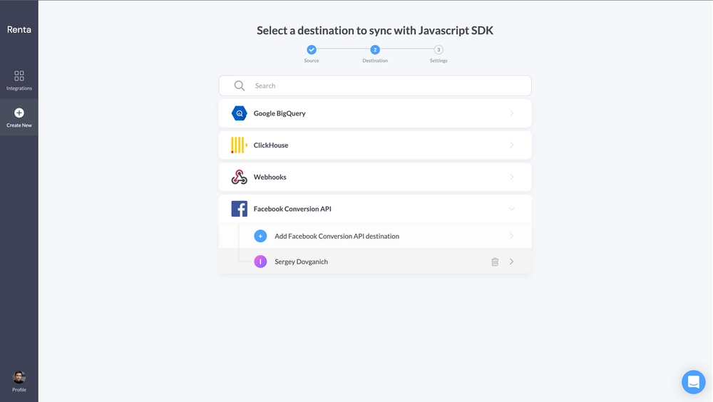 Select the Facebook Conversion API in the destination list