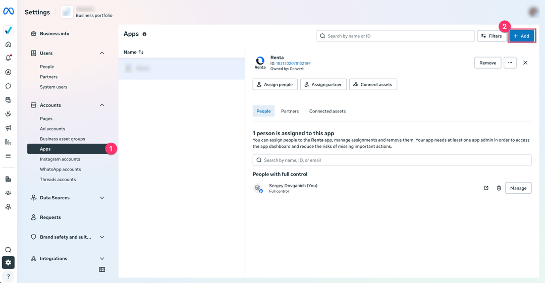 Apps section in Meta Business settings with the Add button