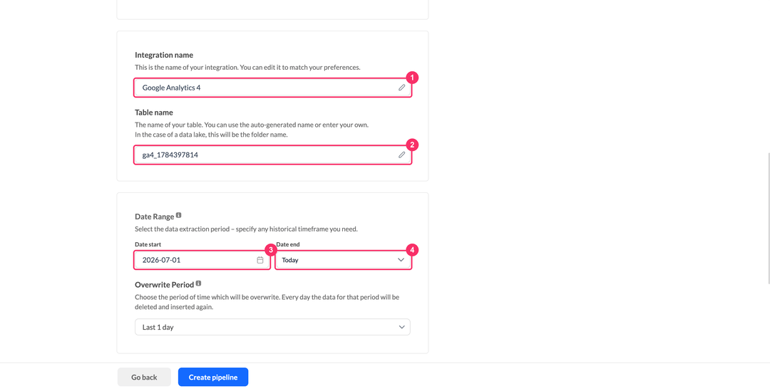 Имя интеграции, имя таблицы и диапазон дат Google Analytics 4
