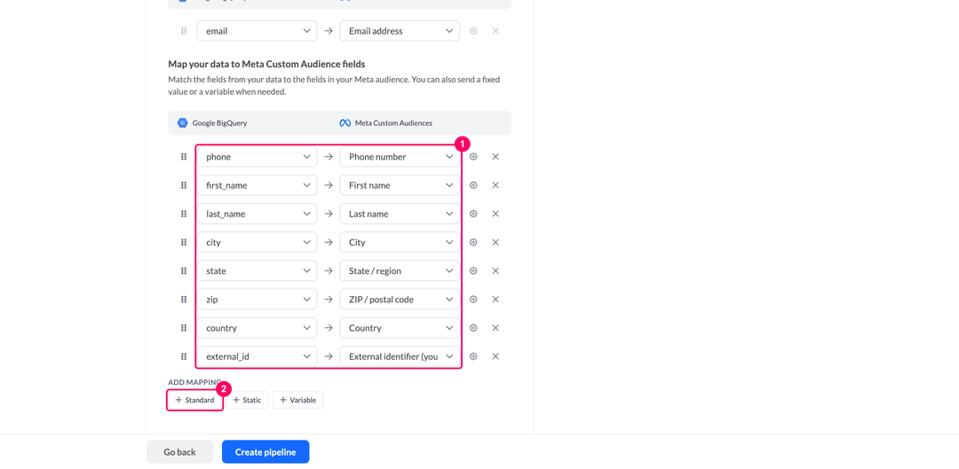 Mapping data model columns to Meta Custom Audience identifier fields