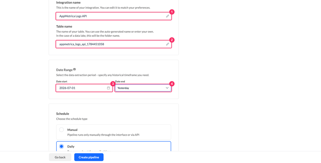 Имя интеграции AppMetrica Logs API, имя таблицы и диапазон дат со значением Yesterday в поле Date end