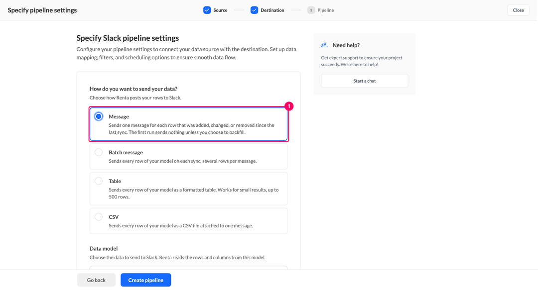 How do you want to send your data section with the Message option selected