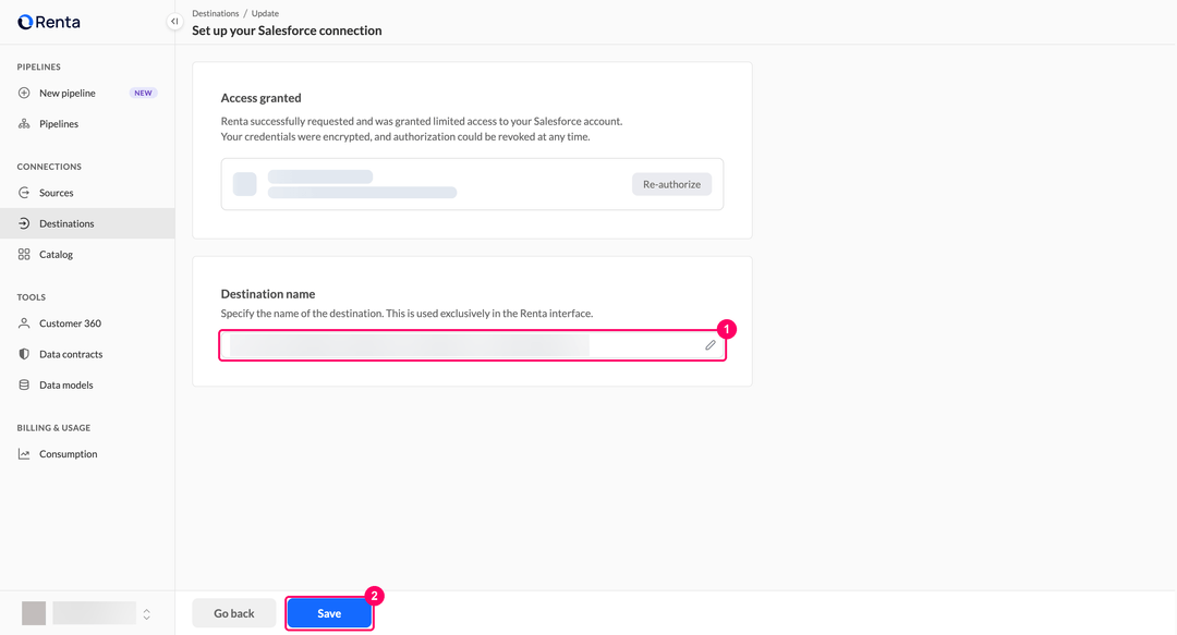Страница настройки подключения Salesforce с блоком выданного доступа, полем Destination name и кнопкой Save