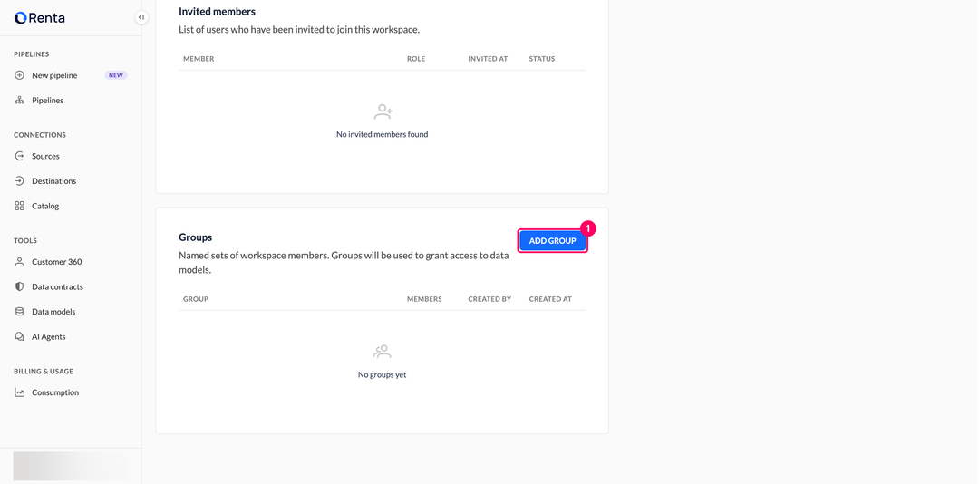 Groups card on the Team members page with the Add group button