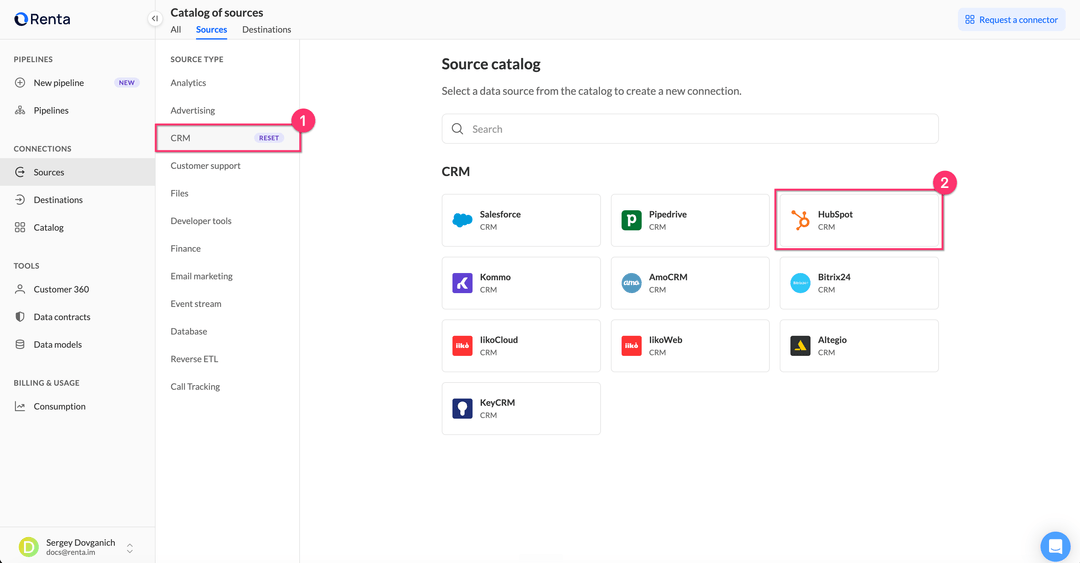 HubSpot card in the CRM category of the Renta catalog