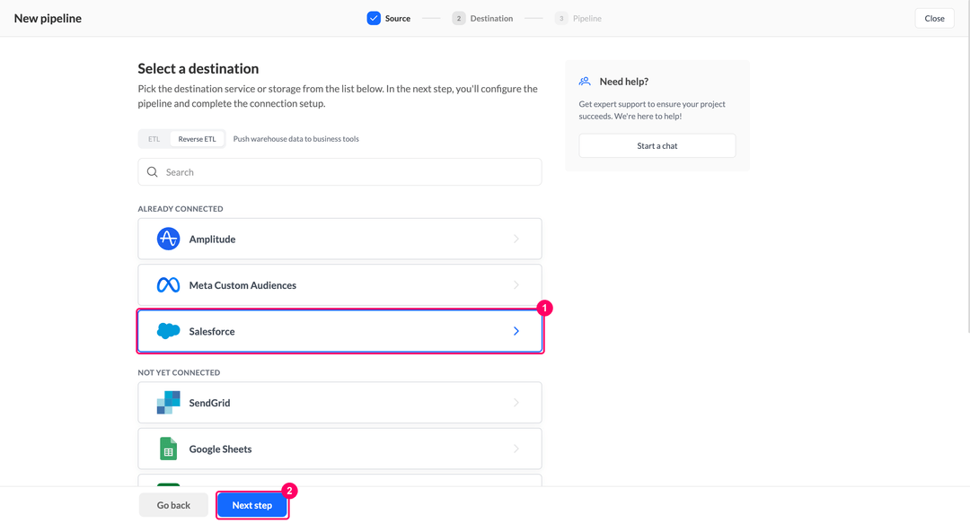 Шаг выбора назначения, Salesforce в блоке Already connected
