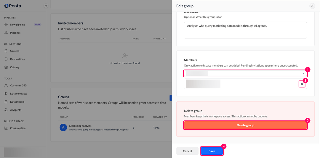 Edit group panel with the member picker, the remove button next to a member, the Delete group button, and Save