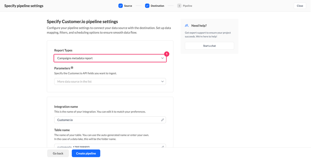 Customer.io pipeline settings with the Report Types dropdown set to Campaigns metadata report