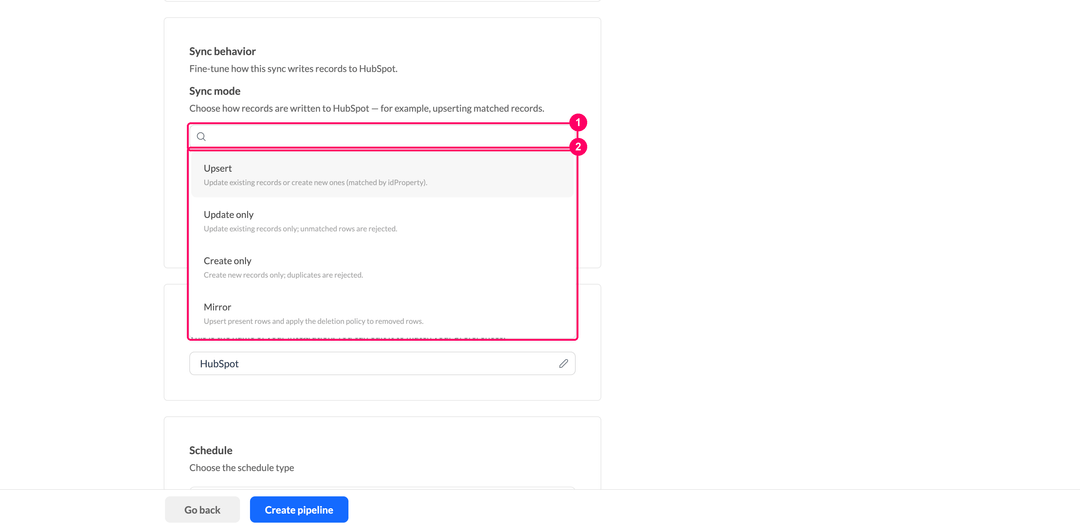 Sync mode dropdown with the Upsert, Update only, Create only, and Mirror options