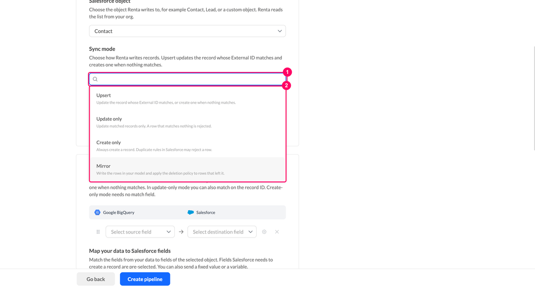 Список Sync mode с вариантами Upsert, Update only, Create only и Mirror