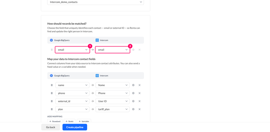 Блок сопоставления записей с колонкой источника слева и идентификатором Intercom справа