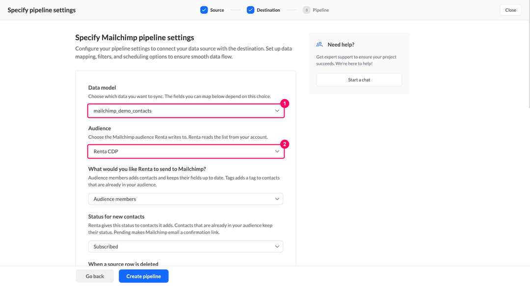 Data model and Audience dropdowns in the pipeline settings with the demo model and the Renta CDP audience selected