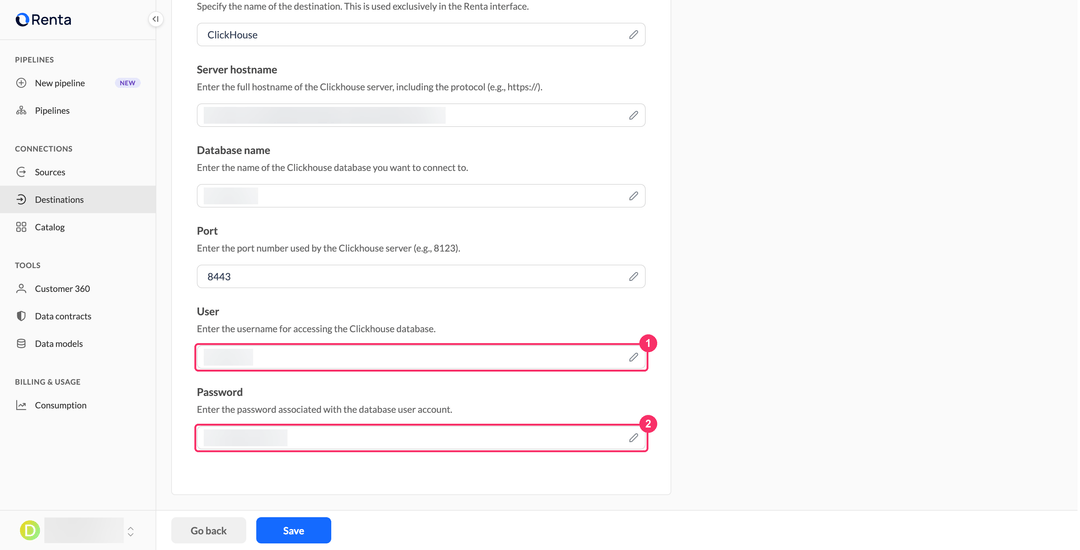 Поля User и Password в форме нового подключения ClickHouse