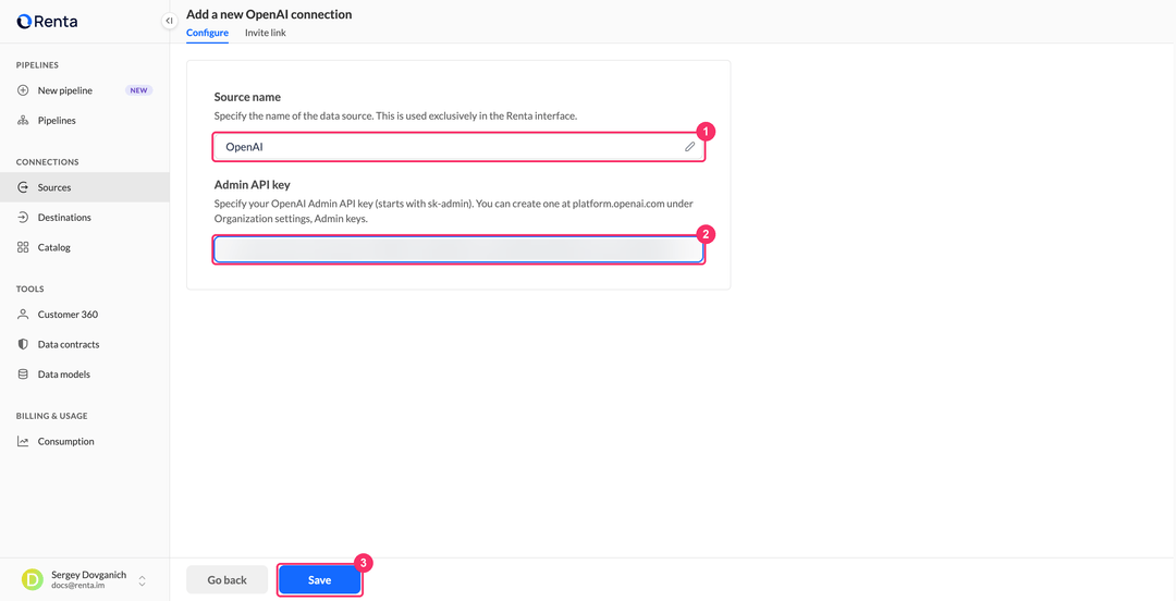Страница добавления подключения OpenAI с полями имени источника и Admin API key