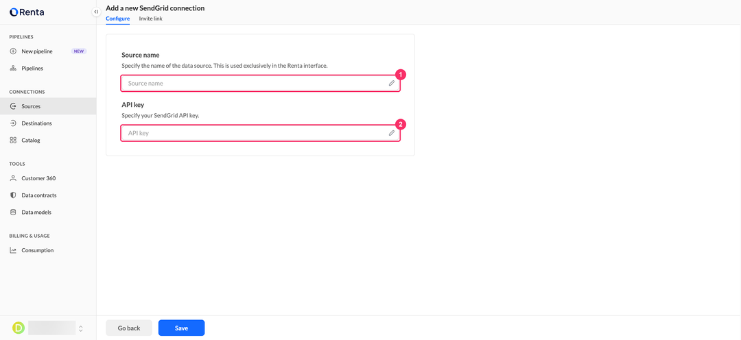 Add a new SendGrid connection page with the source name and API key fields