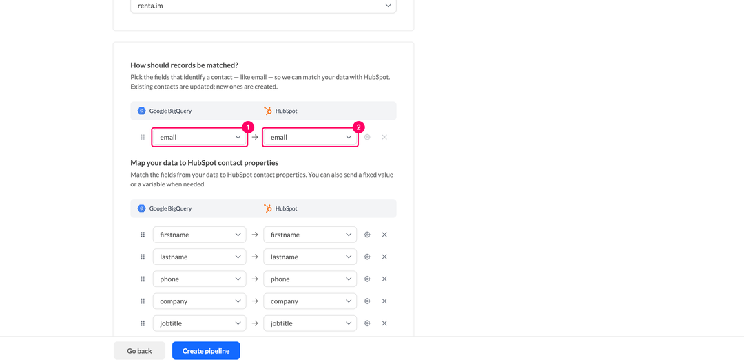 Record matching block with the source column on the left and the HubSpot property on the right