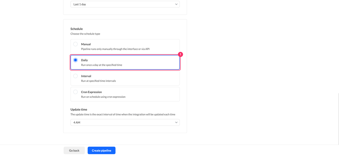 Webhooks schedule type selection with the Daily option checked